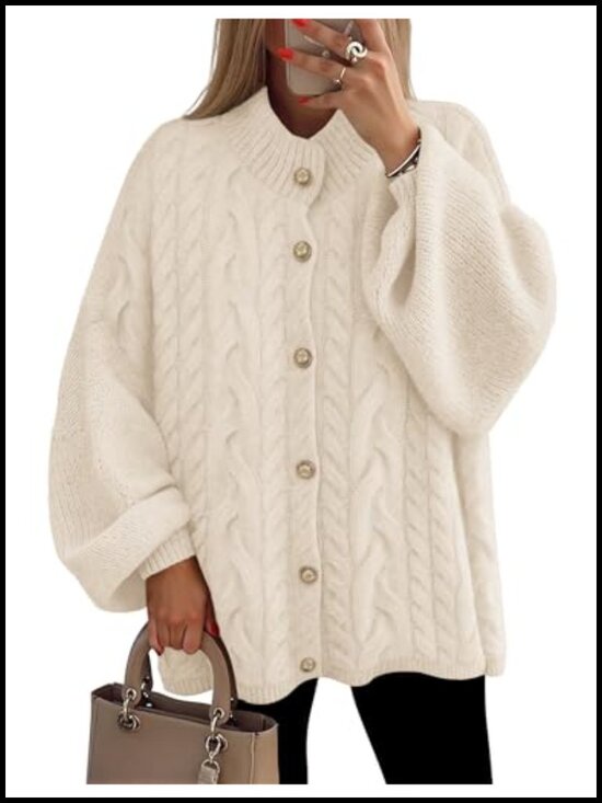 Sweaters - Oversized Long Lantern Sleeve Chunky Knit Cardigan Sweater Open Front
